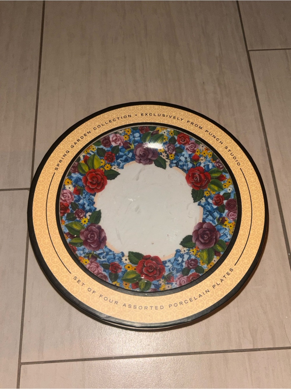 NEW Set Of 4 Punch Studio Spring Garden Gold Rim Porcelain Flowers 8” Plates